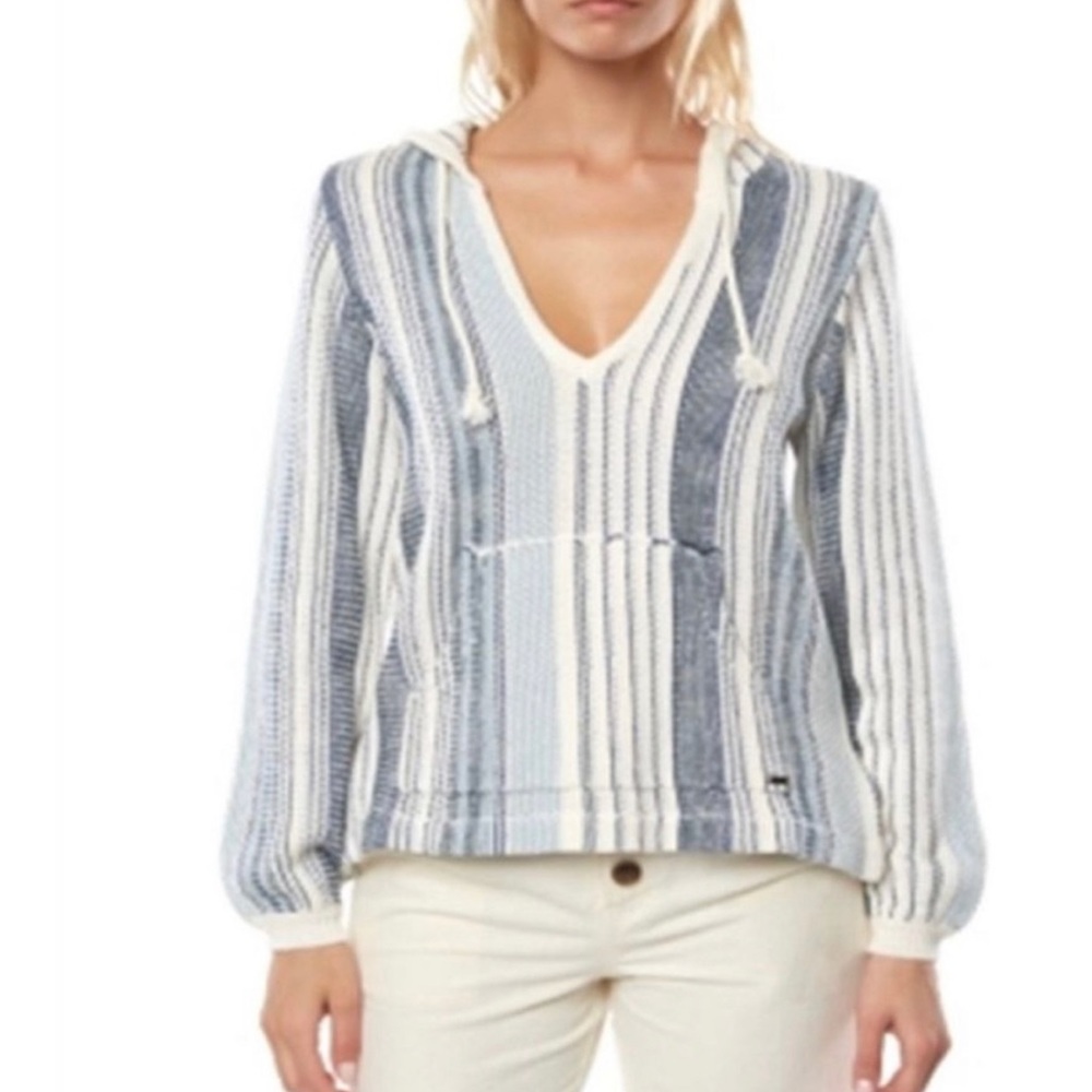 O’Neill Blue White Striped Campfire Knit Pullover Hoodie Medium